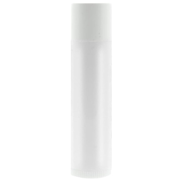 A clear lip balm tube with a white cap, featuring a smooth surface and a simple, minimalist design.