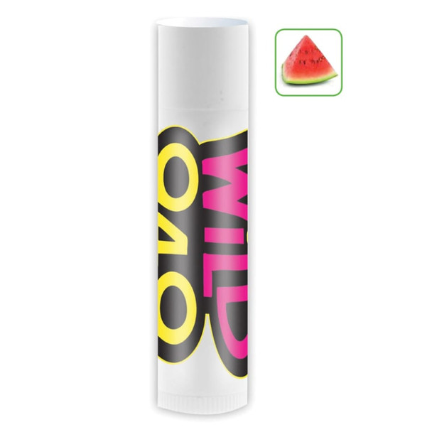 A lip balm in a white tube with a vibrant design in pink and yellow, featuring a watermelon icon.