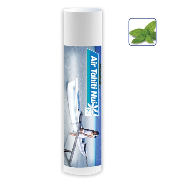 A tube of lip balm featuring a white exterior and a scenic beach image. It includes a logo and a mint graphic.
