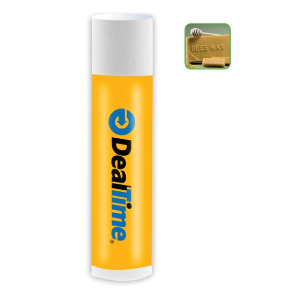A yellow lip balm tube with a logo, featuring a white cap and beeswax symbol in the corner.