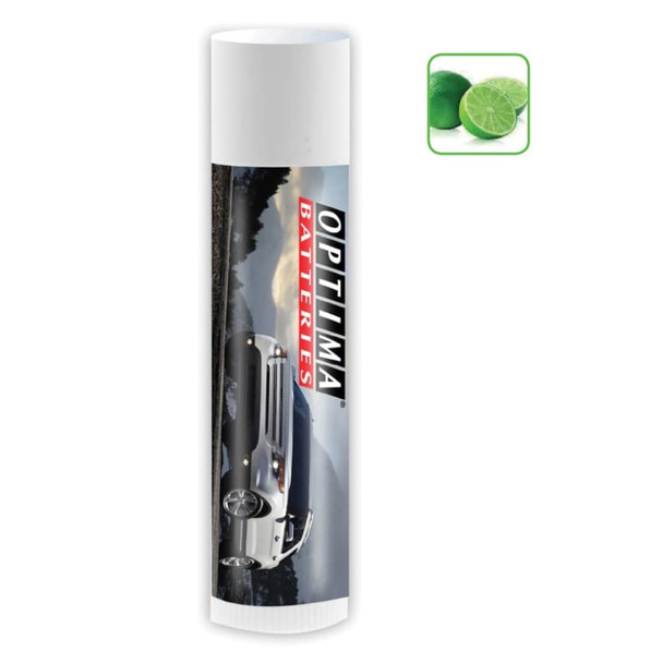 A white tube of lip balm with a grey and black design featuring a car. It has a logo and a green lime graphic.