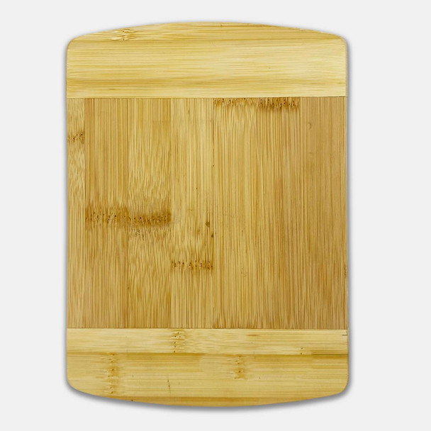 A bamboo cutting board featuring a smooth surface with a natural finish and rounded corners. It has a logo on it.