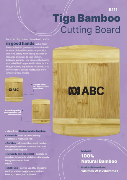 A Tiga Bamboo Cutting Board, made from natural bamboo, features a smooth surface and a logo, showcasing durability and style.