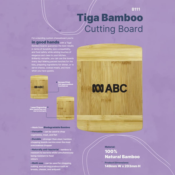 A bamboo cutting board with a rectangular shape and a smooth surface, featuring a logo and a natural wood finish.