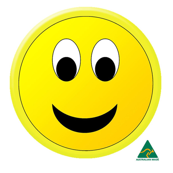 A yellow 44mm button badge featuring a smiling face with large eyes and a friendly expression. It has a logo in the corner. A yellow 44mm button badge featuring a smiling face with large eyes and a friendly expression. It has a logo in the corner.