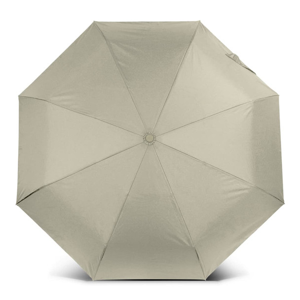 A compact umbrella in a light khaki colour with an octagonal shape and a central opening mechanism. It has a logo.