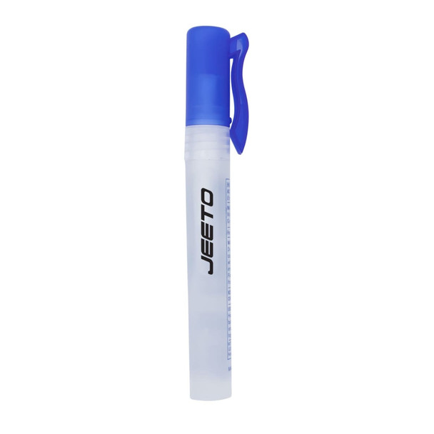 A clear 10ml sanitiser spray bottle with a blue spray nozzle and a clip, featuring a branding logo.