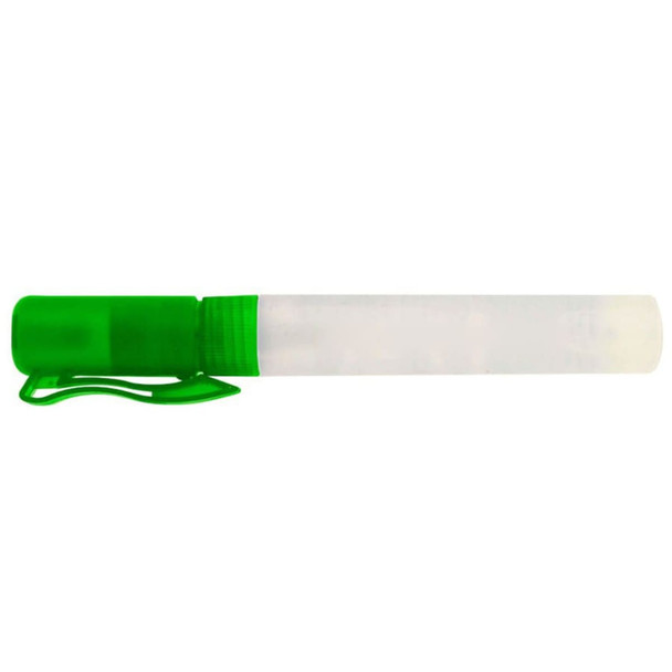 A 10ml sanitiser spray with a transparent body and a green cap and clip. The spray has a simple design and logo.