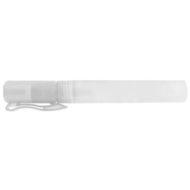 A clear 10ml sanitiser spray bottle with a white cap and clip attached.