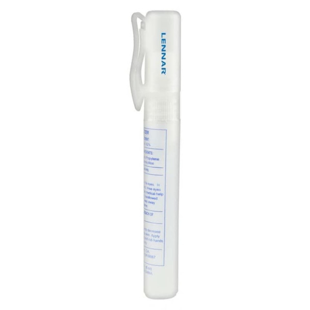 A 10ml sanitiser spray in a transparent white bottle with a clip, featuring blue branding.