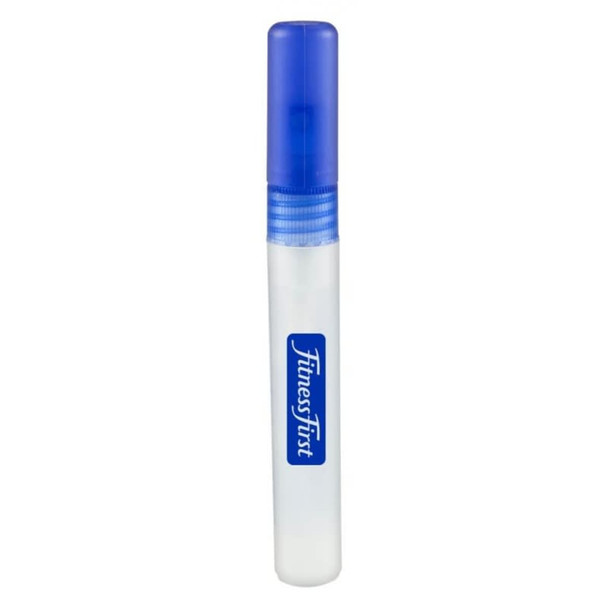 A clear 10ml sanitiser spray bottle with a blue cap and a logo.