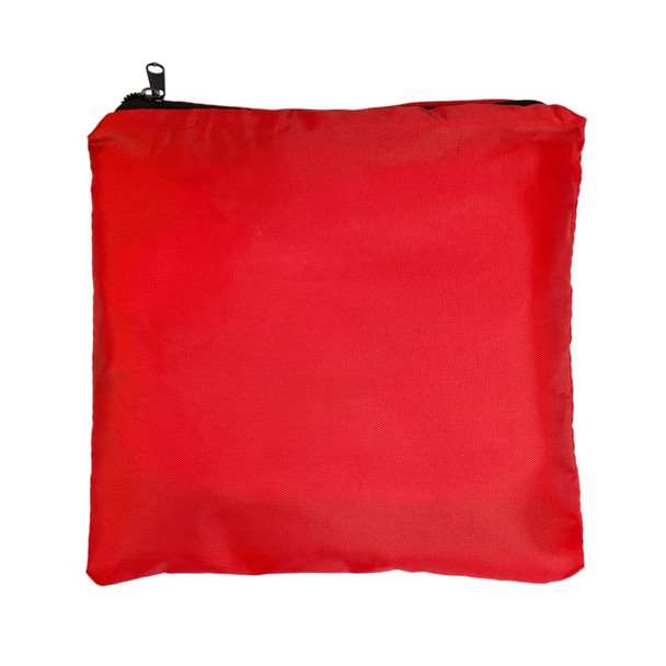 A red drawstring backpack is shown, featuring a simple design with a zippered top.