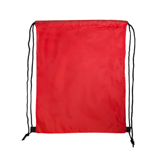 A red drawstring backpack with black cords, featuring a simple design without additional elements.