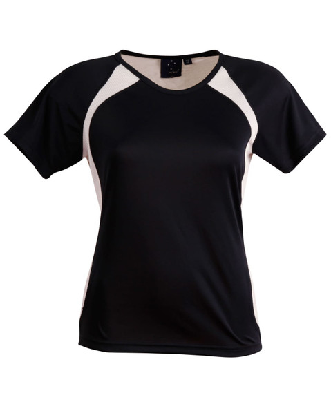 A black ladies' tee shirt featuring light beige accents and a logo on the label.