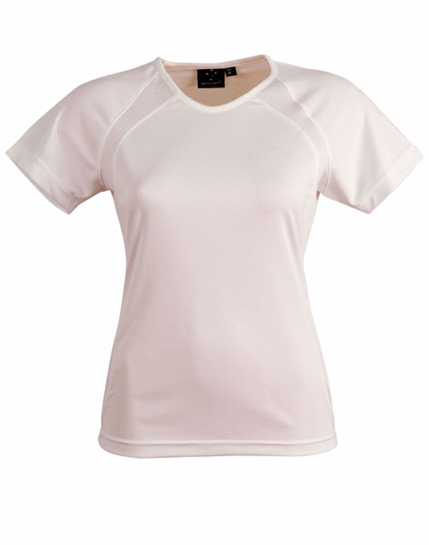 A ladies' premier tee shirt in light pink with short sleeves and a fitted design. It features a logo.