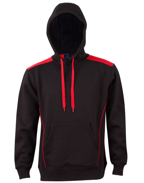 A black hoodie with contrasting red accents and a kangaroo pocket, featuring a logo on the chest.
