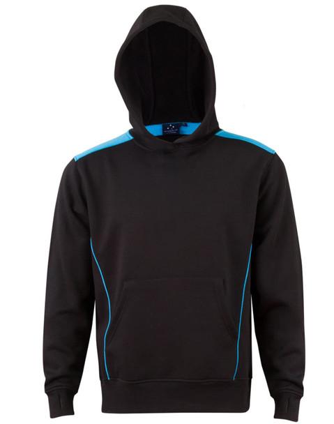 A black hoodie with a contrast blue lining, featuring a kangaroo pocket and a hood. It has branding on it.