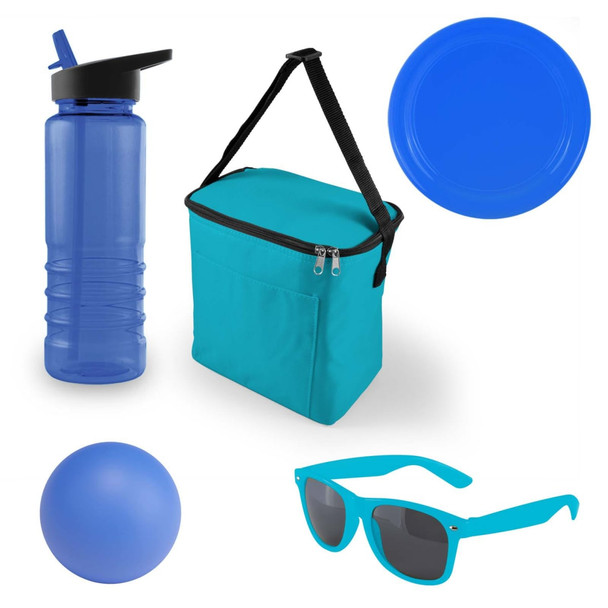 A blue drink bottle, turquoise cooler bag, blue plate, blue ball, and turquoise sunglasses arranged together.