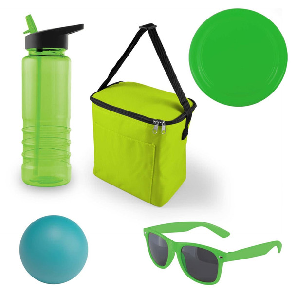 A green cooler bag, a translucent green drink bottle, green sunglasses, a blue ball, and a green plate.