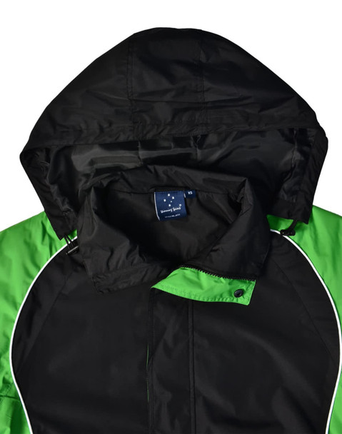 A unisex jacket featuring a black and green design with a hood and a visible logo.