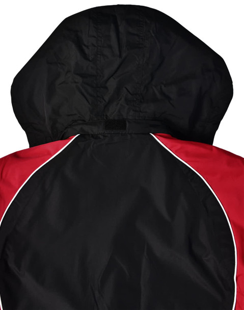 A unisex jacket featuring a hood, primarily black with red accents and white piping. It has a logo on the back.