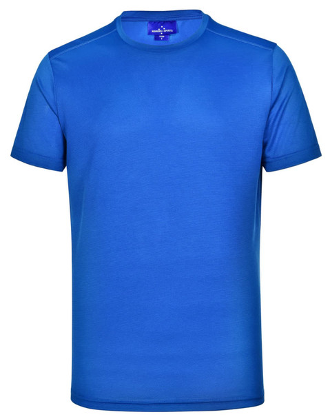 A blue ultra-lightweight men's performance short-sleeve t-shirt with a logo. A blue ultra-lightweight men's performance short-sleeve t-shirt with a logo.