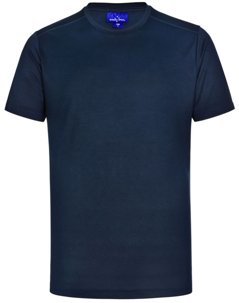 A navy men's ultra lightweight performance short sleeve tee with a logo on the neckline. A navy men's ultra lightweight performance short sleeve tee with a logo on the neckline.