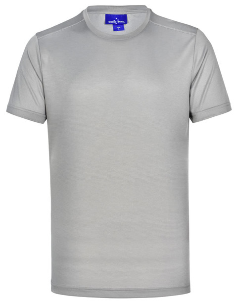 A short-sleeve, ultra-lightweight performance t-shirt in grey, featuring a logo on the neckline. A short-sleeve, ultra-lightweight performance t-shirt in grey, featuring a logo on the neckline.