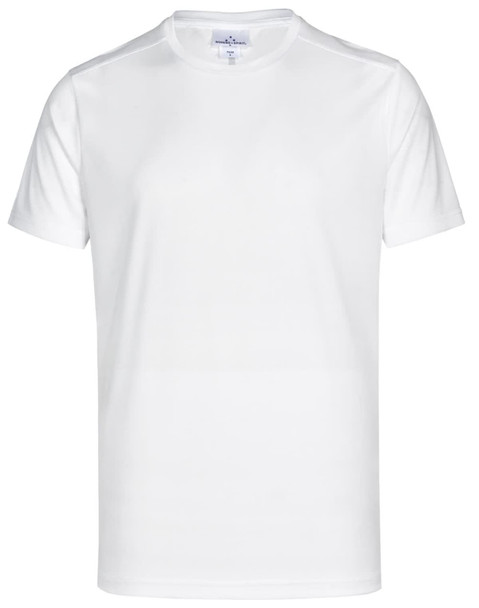 A white short-sleeve performance t-shirt with a logo on the chest. Ideal for athletic and casual wear. A white short-sleeve performance t-shirt with a logo on the chest. Ideal for athletic and casual wear.