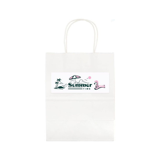 A medium white paper bag with a design featuring a parasol, palm trees, and a flamingo. It has a logo on the front.