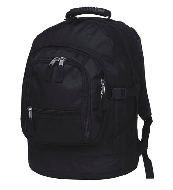 A black backpack with multiple zippered compartments and adjustable straps, featuring a sturdy handle on top.