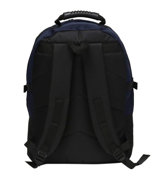 A black and navy backpack featuring adjustable straps and a top handle, with a branding logo.