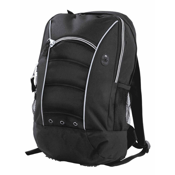 A black backpack with padded panels, zippers, side mesh pockets, and a logo.