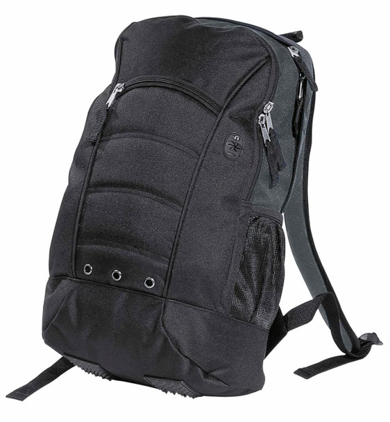 A black backpack with a padded back, multiple zippered compartments, and side mesh pockets. It has a logo.
