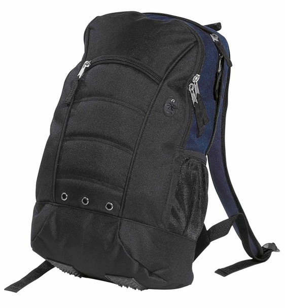A black and navy backpack with multiple compartments, zippers, and mesh side pockets. It features a logo on the front.
