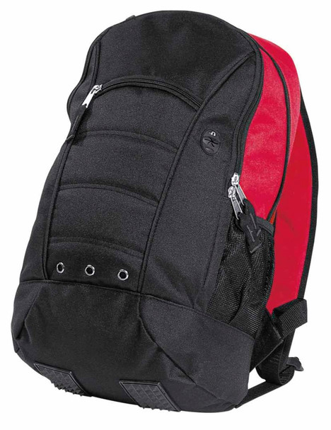 A black backpack with red interior, featuring zippers, mesh pockets, and a logo.
