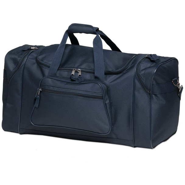 A plain navy blue duffle bag with two handles and a front zipper pocket, featuring a logo.