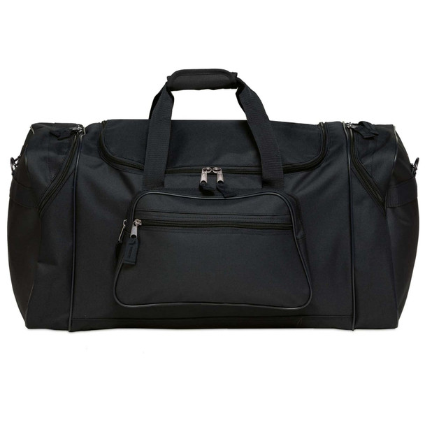 A black duffle bag featuring a front pocket and dual handles, with a zipper closure and a sleek design.