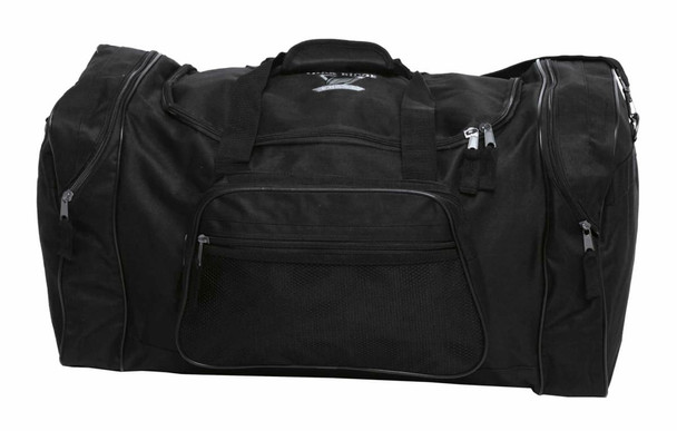 A black duffle bag with multiple compartments and zippers, featuring a logo on the front.