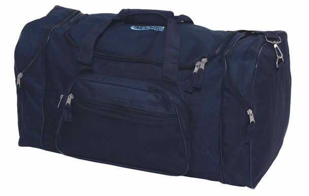 A navy blue duffle bag featuring multiple pockets and zippers, with a logo on the side.