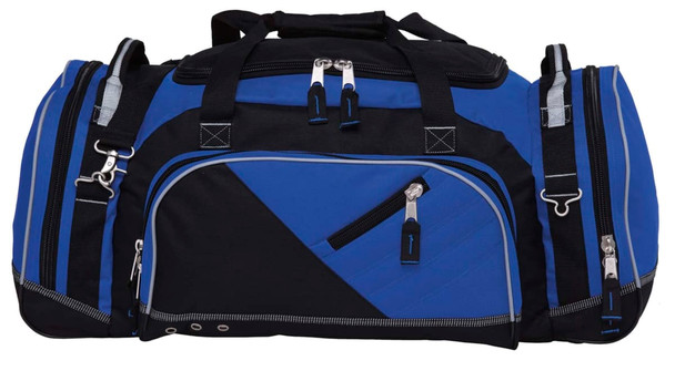 A duffle bag in black and blue with multiple zippered compartments and a logo.