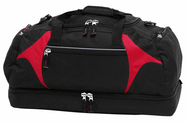 A black duffle bag with red accents, featuring multiple zippers and compartments, and includes a logo.