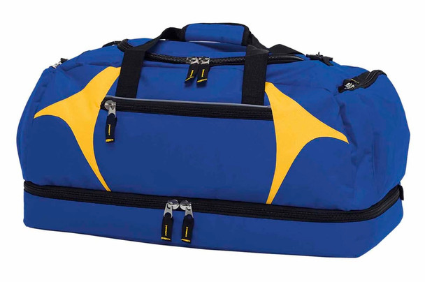A blue and yellow duffle bag with two zippered compartments and sturdy handles, featuring a logo.