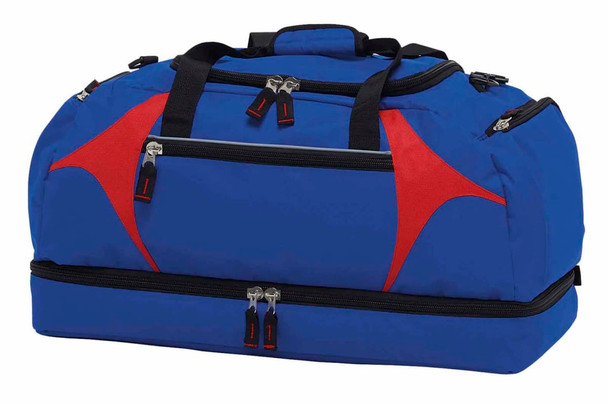 A blue and red duffle bag featuring multiple zippered compartments and handle straps, with a logo present on the surface.