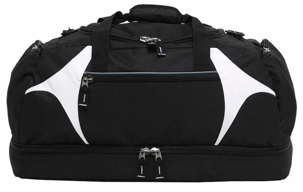 A black duffle bag with white accents, featuring multiple zippered compartments and a sturdy handle.