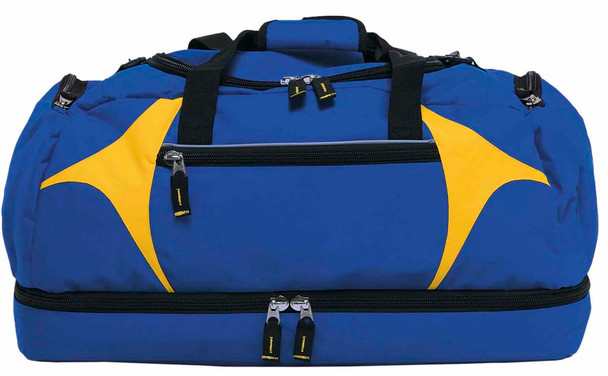 A blue and yellow duffle bag with multiple zippered compartments and a top handle. It features branding.