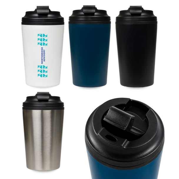 A reusable coffee cup collection in white, blue, black, and stainless steel with black lids and a logo.
