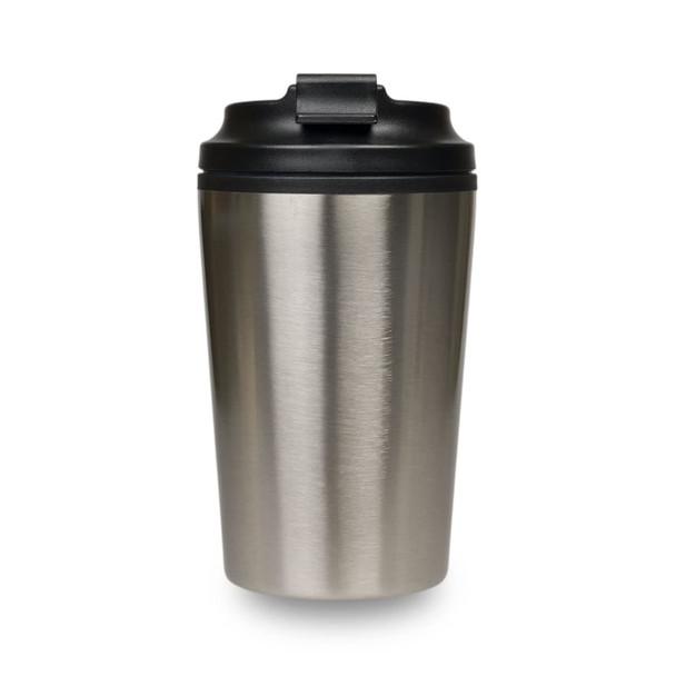 A stainless steel reusable coffee cup with a black lid. It features a sleek, matte finish and a simple design.