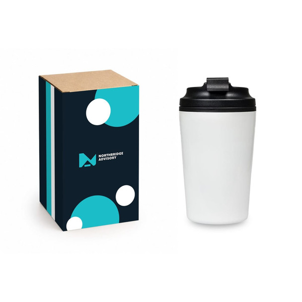 A reusable white coffee cup with a black lid displayed next to its packaging featuring a logo and graphic design.