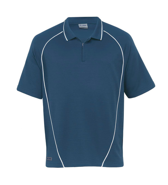 A navy polo shirt with white piping details and a branded logo on the hem. Short sleeves and a classic collar.